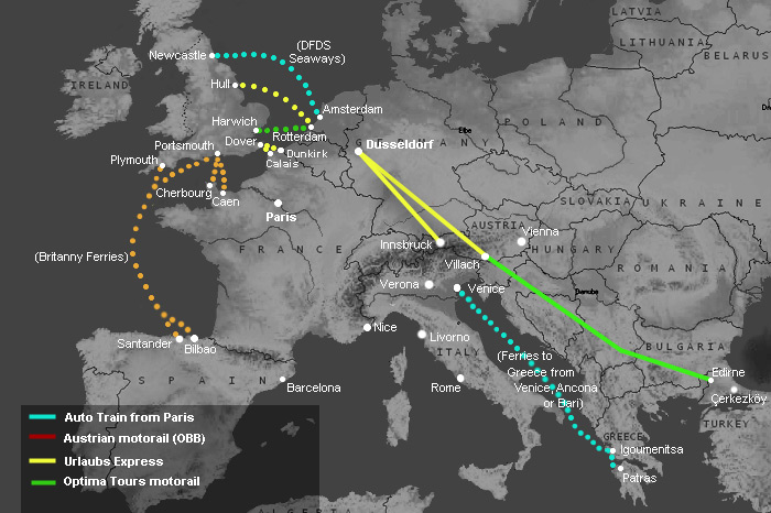 Map of motorail train routes of use to UK travellers